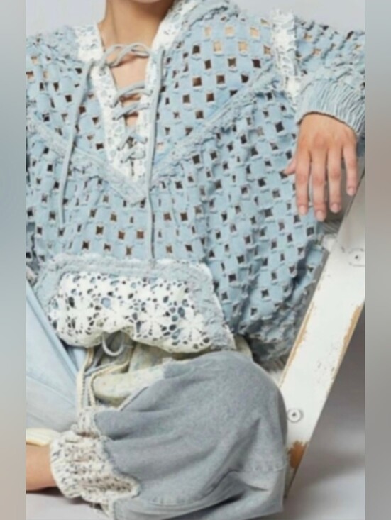 POL Tops - POL Light Blue Open-Knit Lace-Up Hoodie Laser Cut